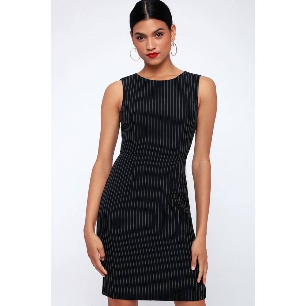 Lulu’s Black Pinstripe Sleeveless Sheath Dress.